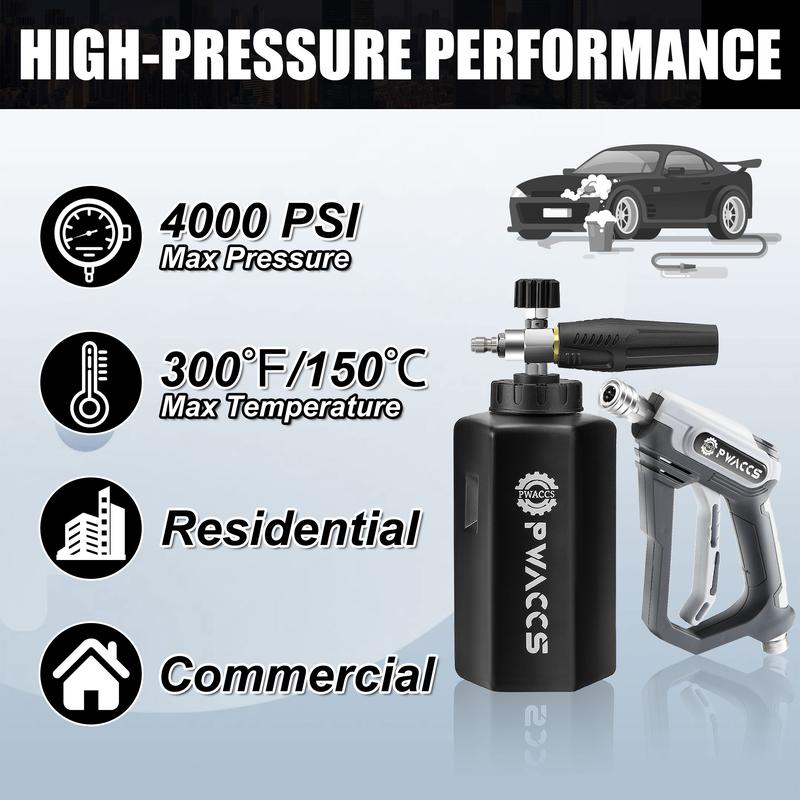 Lanza de espuma para lavado de autos PWACCS Ultimate con conector rápido de 1/4", mango de lavado a presión de 4000 PSI y filtro de acero inoxidable de 1.5 litros.