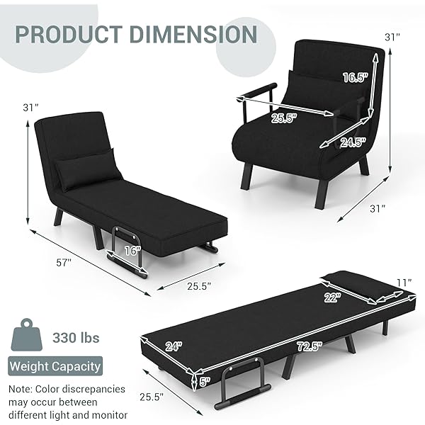 Silla convertible, 4 en 1, silla de lectura para sala de estar con almohada, brazo y respaldo ajustable de 5 posiciones, sofá cama individual, color café Marrón