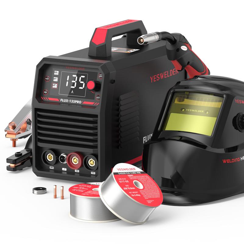 Soldadora MIG con núcleo fundente YESWELDER FLUX-135PRO de 110 V y 135 A con casco de soldadura LYG-L600A | Máquina de soldadura 3 en 1 con pantalla digital MIG/TIG/Electrodo sin gas, portátil, para metal