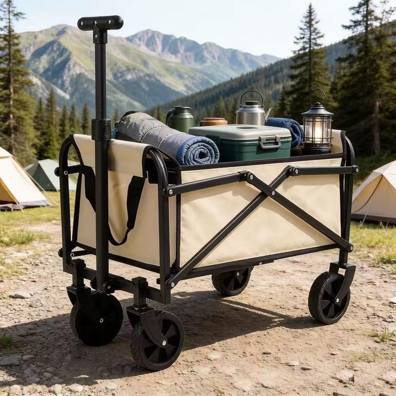 Carretilla plegable multifuncional de gran capacidad, ruedas todoterreno, estructura metálica, armazón de tela y plástico, ideal para jardinería, camping, playa, deportes y compras.