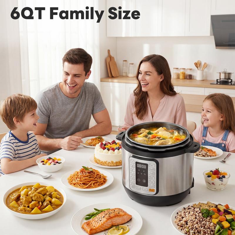 Olla a presión eléctrica multifunción con programas preestablecidos para cocinar rápidamente arroz, guisos, sopas y legumbres. Ideal para preparar comidas para familias ocupadas entre semana y cocinas pequeñas.