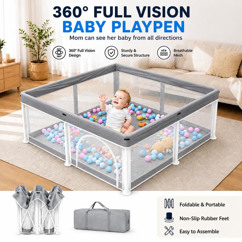 Parque infantil extragrande Benazcap con alfombra, libre de BPA, diseño seguro sin huecos para diversión en interiores y exteriores, regalo para futuras mamás, parque infantil gris con valla resistente.