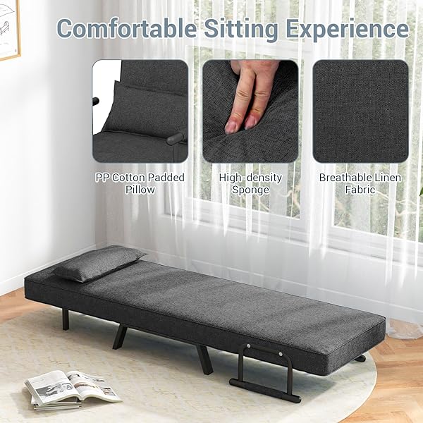 Silla convertible, 4 en 1, silla de lectura para sala de estar con almohada, brazo y respaldo ajustable de 5 posiciones, sofá cama individual, color café Marrón