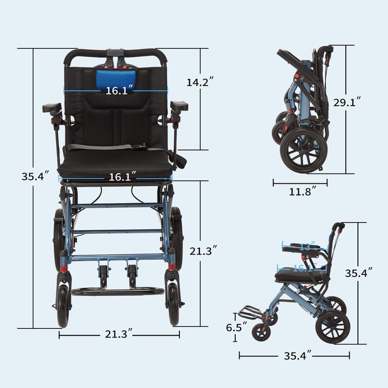 Silla de ruedas plegable portátil con freno de mano, diseño ultraligero, ancho de asiento de 40,6 cm (16 pulgadas), ruedas traseras de PVC de 20,3 cm (8 pulgadas), ideal para viajes y asistencia de movilidad diaria. Silla de ruedas plegable para el cuidad