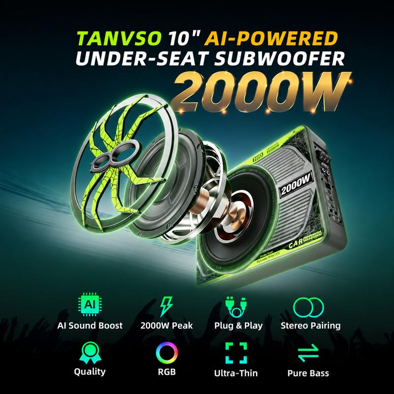 Paquete de subwoofer y amplificador para automóvil TANVSO de 2000 W y 10 pulgadas - Amplificador integrado, luz RGB, filtro de paso bajo, refuerzo de graves, ganancia, aluminio fundido - Compatible con camiones, Jeeps e instalación de audio para automóvil