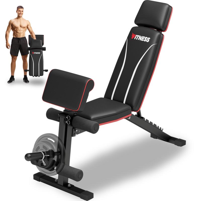 Banco de pesas ajustable con extensión de piernas y almohadilla para predicador - Banco de entrenamiento plegable para gimnasio en casa, banco para hacer ejercicio con inclinación, declinación y abdominales.