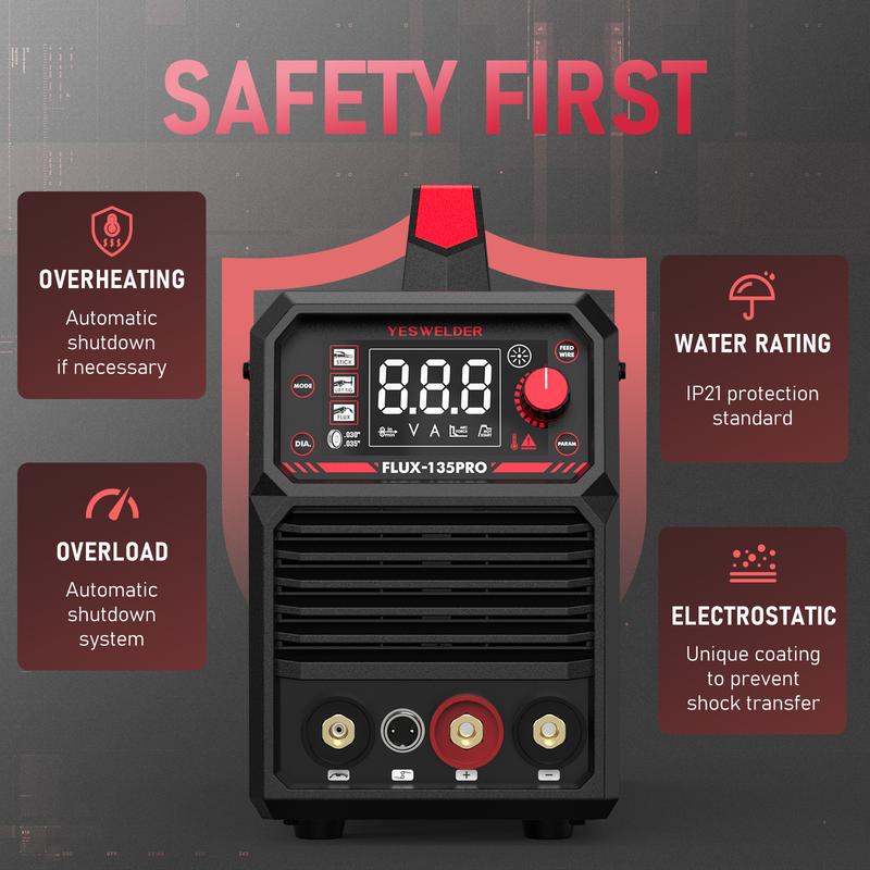 Soldadora MIG con núcleo fundente YESWELDER FLUX-135PRO de 110 V y 135 A con casco de soldadura LYG-L600A | Máquina de soldadura 3 en 1 con pantalla digital MIG/TIG/Electrodo sin gas, portátil, para metal
