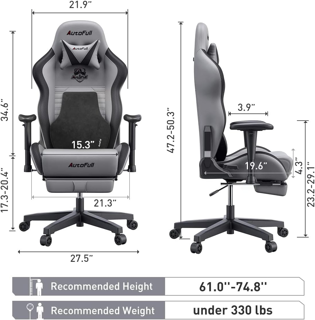 AutoFull Silla Gaming Silla Gamer Ergonómica Silla de Oficina Cuero de PU Silla de Escritorio,Altura e inclinación Ajustables,Reposacabezas y Soporte Lumbar,Reposapiés, (Gris)
