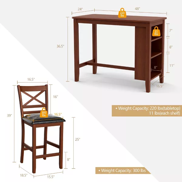 Juego de mesa de comedor de pub de 5 piezas con estantes de almacenamiento y 4 sillas tapizadas en nogal