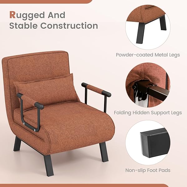 Silla convertible, 4 en 1, silla de lectura para sala de estar con almohada, brazo y respaldo ajustable de 5 posiciones, sofá cama individual, color café Marrón