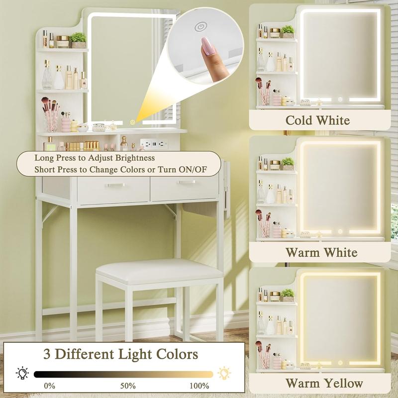 Tocador de maquillaje con espejo y luces, tocador pequeño con cajón de almacenamiento de tela, silla y estantes, tocador blanco con panel plegable y toma de corriente para dormitorio.