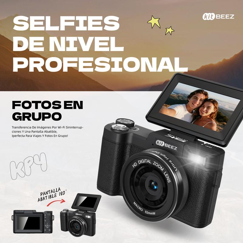Kitbeez Cámara digital  KP-4 - 75 MP, video 5K, pantalla giratoria de 180° - Memoria de 32 GB incluida