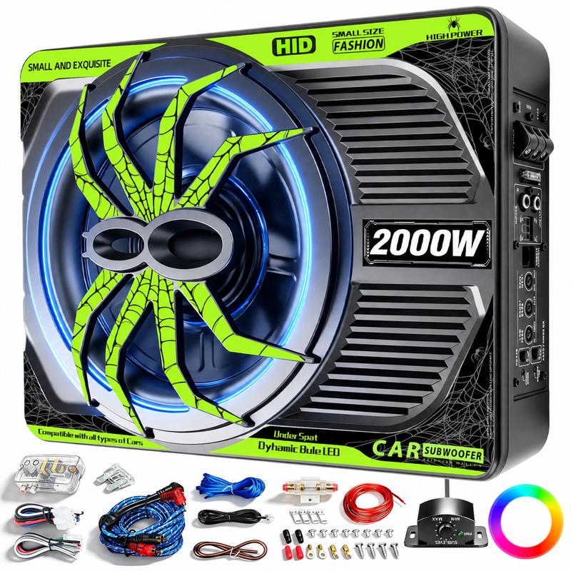 Paquete de subwoofer y amplificador para automóvil TANVSO de 2000 W y 10 pulgadas - Amplificador integrado, luz RGB, filtro de paso bajo, refuerzo de graves, ganancia, aluminio fundido - Compatible con camiones, Jeeps e instalación de audio para automóvil
