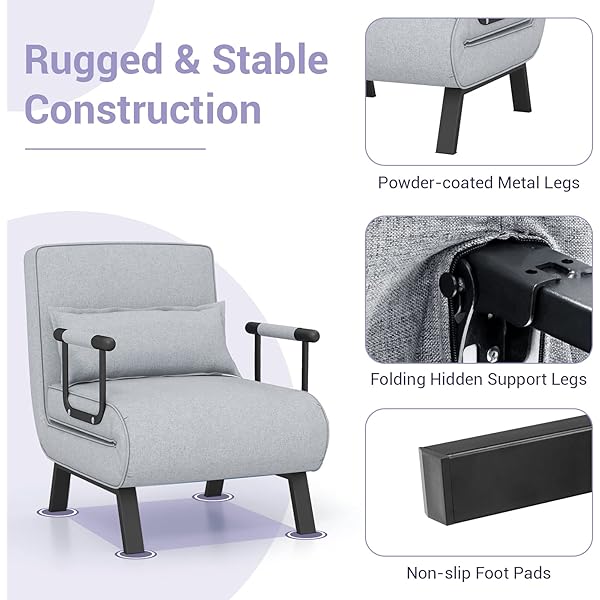Silla convertible, 4 en 1, silla de lectura para sala de estar con almohada, brazo y respaldo ajustable de 5 posiciones, sofá cama individual, color café Marrón