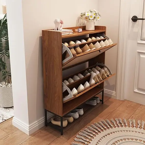 Freestanding Shoe Cabinet  Flip Drawers - Modern Narrow Organizer for Hallway, Bedroom, and Entryway
