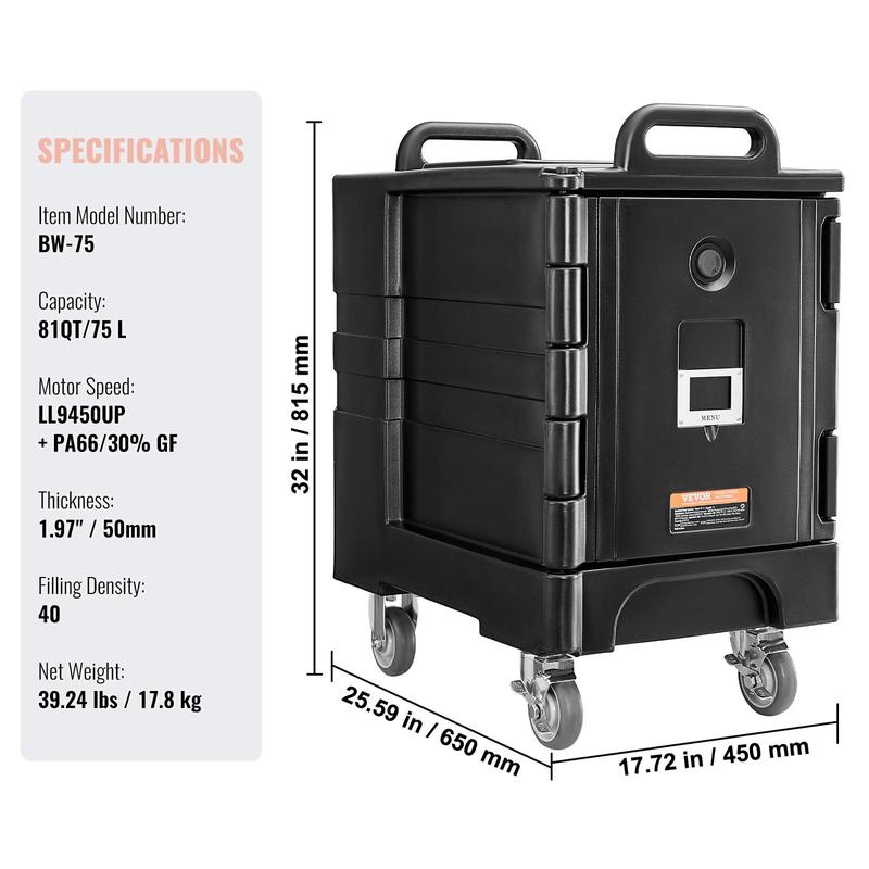 Transportador de bandejas de alimentos isotérmicos VEVOR, caja térmica de 81 cuartos para catering, transportador de cajas de alimentos con hebillas dobles, calentador de alimentos de carga frontal con asas, apilable de carga trasera con ruedas para resta