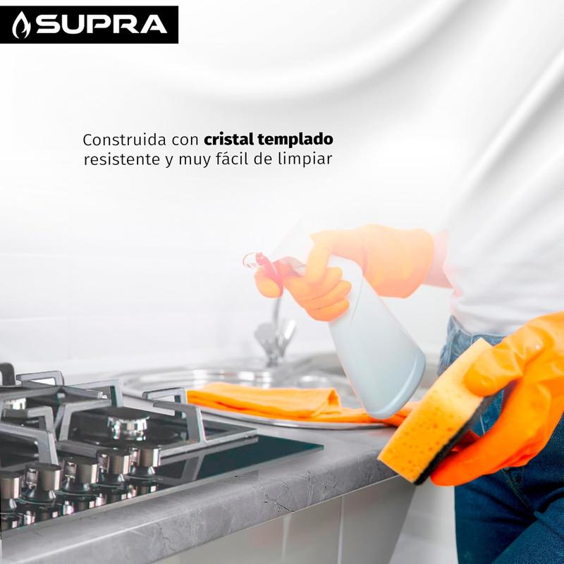 SUPRA Parrilla a Gas Empotrable de 5 Quemadores - 76 cm, Cubierta de Cristal Templado Negro y Válvula de Seguridad Avanzada Mod. BRIONI