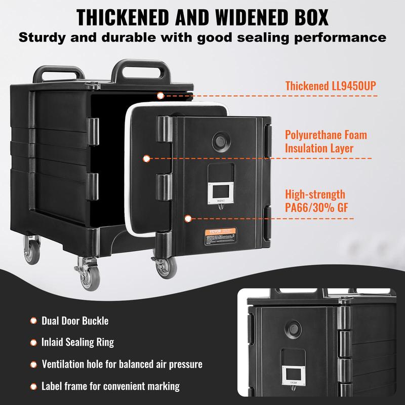 Transportador de bandejas de alimentos isotérmicos VEVOR, caja térmica de 81 cuartos para catering, transportador de cajas de alimentos con hebillas dobles, calentador de alimentos de carga frontal con asas, apilable de carga trasera con ruedas para resta