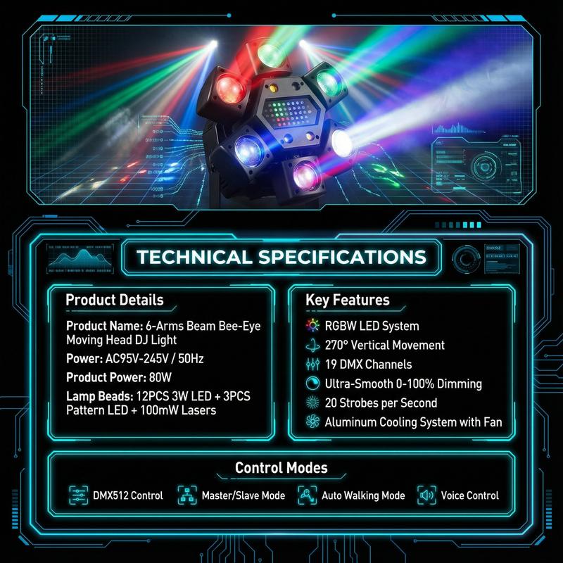 Cabeza móvil para DJ XNK de 6 brazos con forma de ojo de abeja: LED RGBW 4 en 1, láseres rojos y verdes, iluminación dinámica para escenarios y fiestas en discotecas, bodas, festivales y clubes.
