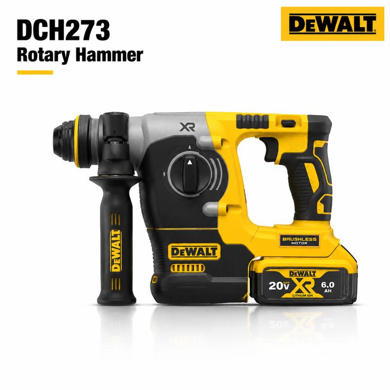 Taladro percutor inalámbrico recargable sin escobillas DEWALT DCH273 de 20 V, diámetro máximo de perforación de 26 mm, velocidad sin carga de 0-950 RPM, frecuencia de impacto de 0-3600 IPM, batería de litio de 6.0 Ah y cargador para construcción, perforac