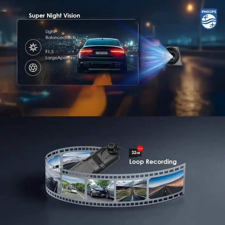 PHILIPS Cámara de Espejo Retrovisor, Cámara de Salpicadero Delantera y Trasera 1080P para Coche, 9.66" DashCam Espejo Pantalla Táctil con Función Visión Nocturna HD,Imagen Reversa,Free 32GB Card