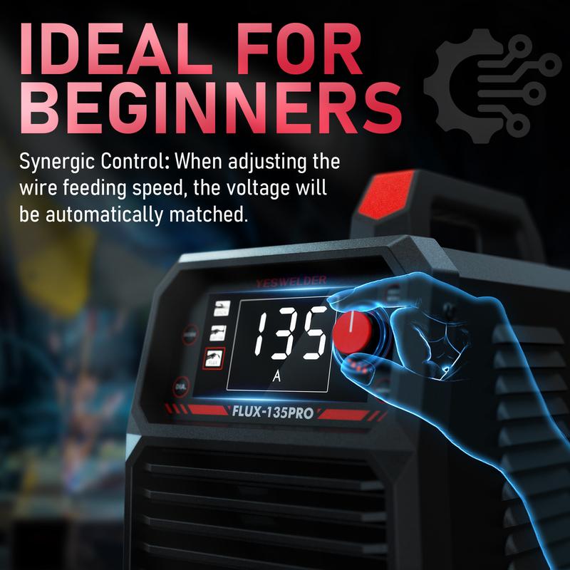 Soldadora MIG con núcleo fundente YESWELDER FLUX-135PRO de 110 V y 135 A con casco de soldadura LYG-L600A | Máquina de soldadura 3 en 1 con pantalla digital MIG/TIG/Electrodo sin gas, portátil, para metal