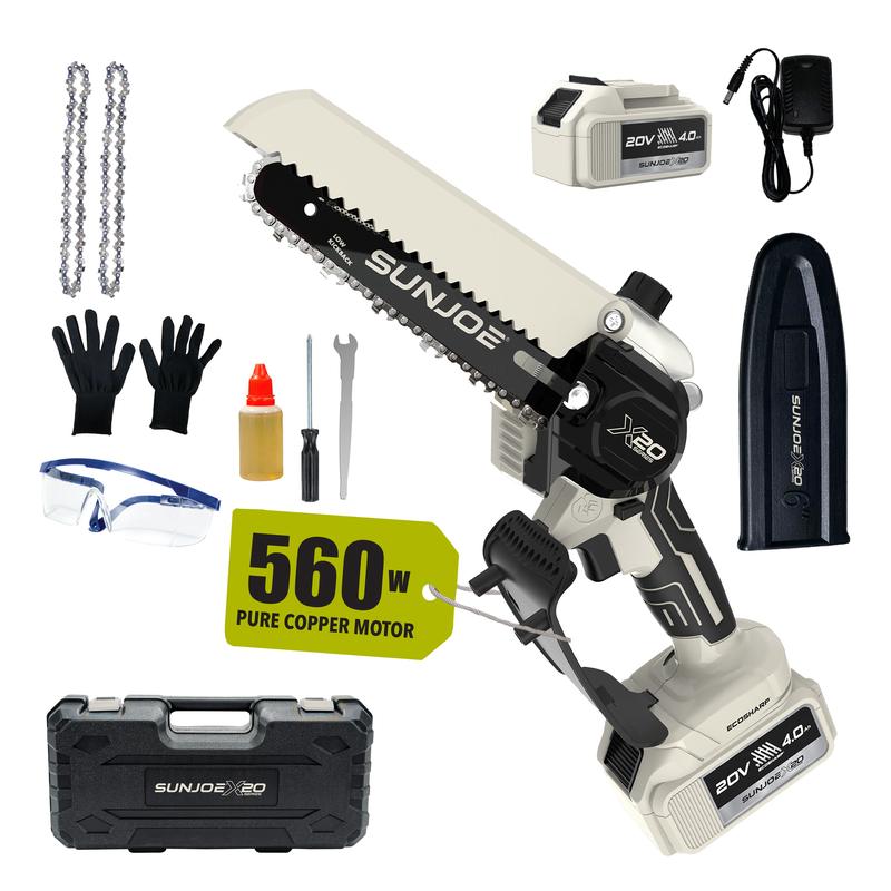 Motosierra Sun Joe Mini de 6 pulgadas inalámbrica - Sierra de poda eléctrica ligera de una sola mano para hombres y mujeres, personas mayores, jardinería, camping, leña - Incluye cadena de repuesto + cargador + aceite + guantes + estuche rígido | Idea de