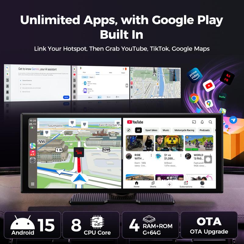 Pantalla para coche LAMTTO de 10,25" con IA, pantalla Android con Gemini + GPS sin conexión + aplicaciones de Google Play | No solo CarPlay: pantalla CarPlay para coche. Evita que la batería de tu teléfono se agote mientras conduces. Accesorios para el in