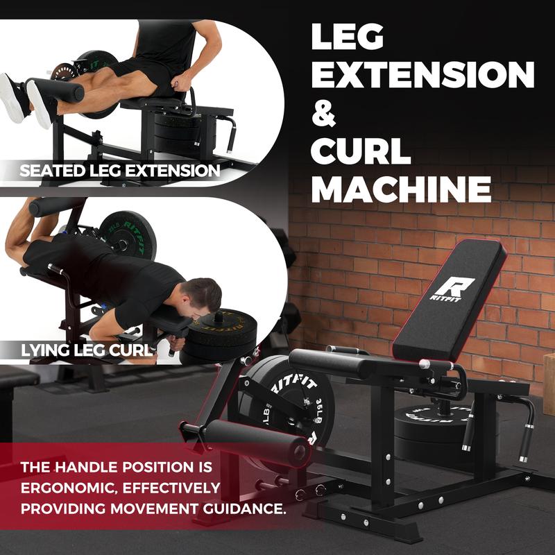 RITFIT PLC01 Equipo multifuncional 3 en 1 para gimnasio en casa: máquina de extensión de piernas, flexión de piernas, aparato para ejercitar los glúteos, capacidad de 147 kg (325 lb), 4 ángulos de respaldo ajustables, discos de peso de 5 cm (2 pulgadas),
