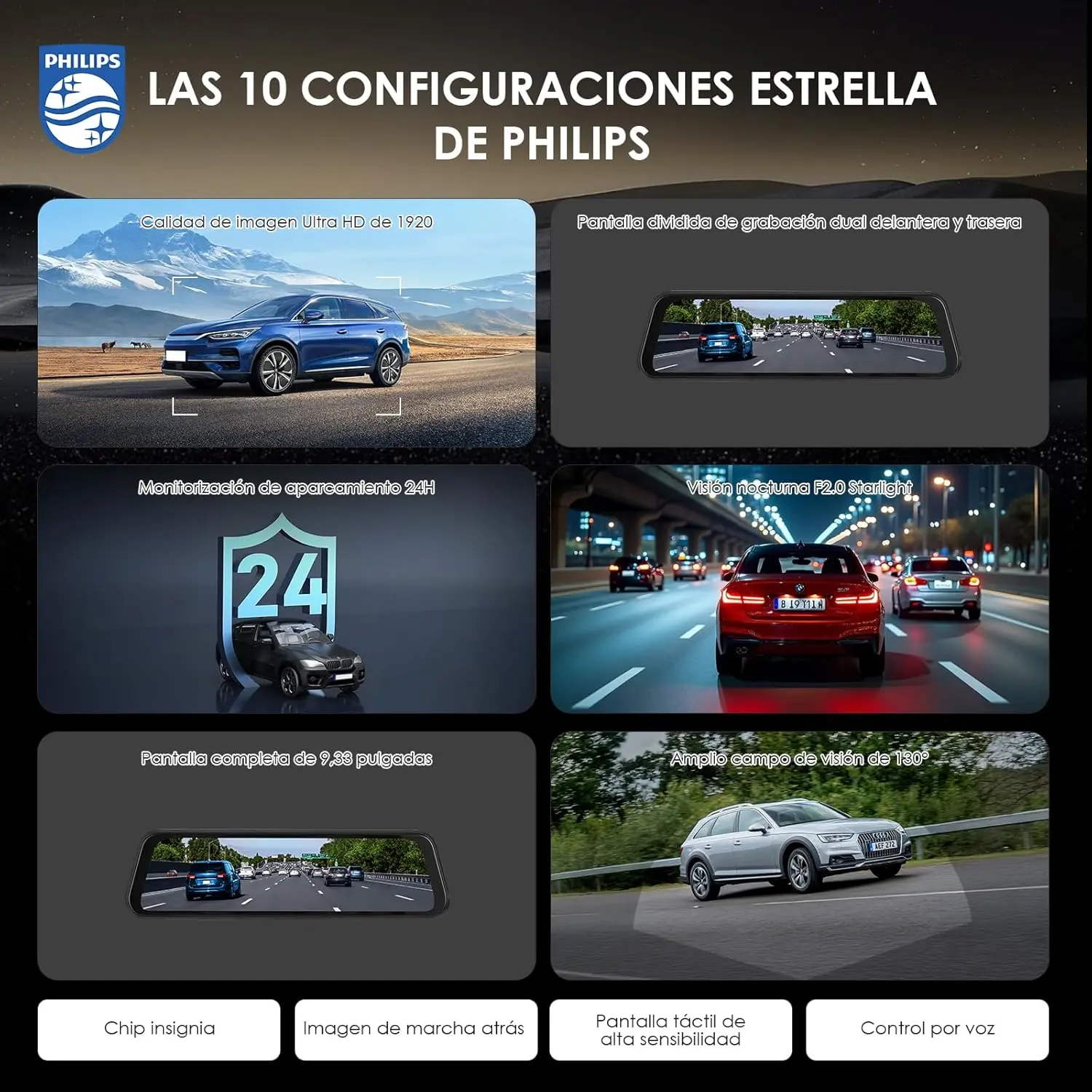 PHILIPS Cámara de Espejo Retrovisor, Cámara de Salpicadero Delantera y Trasera 1080P para Coche, 9.66" DashCam Espejo Pantalla Táctil con Función Visión Nocturna HD,Imagen Reversa,Free 32GB Card