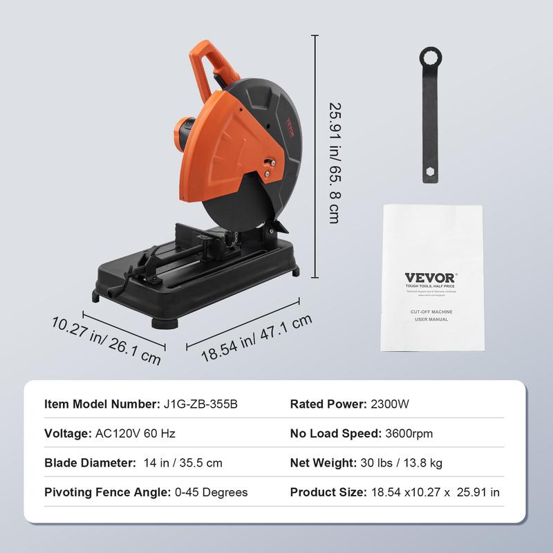 Sierra de corte abrasiva VEVOR, sierra de corte de 14"/355 mm de diámetro de hoja, máquina de corte de acero de 2300 W y 3600 RPM, sierra de inglete de ángulo ajustable de 0 a 45° para cortar metal, sierra de corte para acero/barras de refuerzo/hierro/alu
