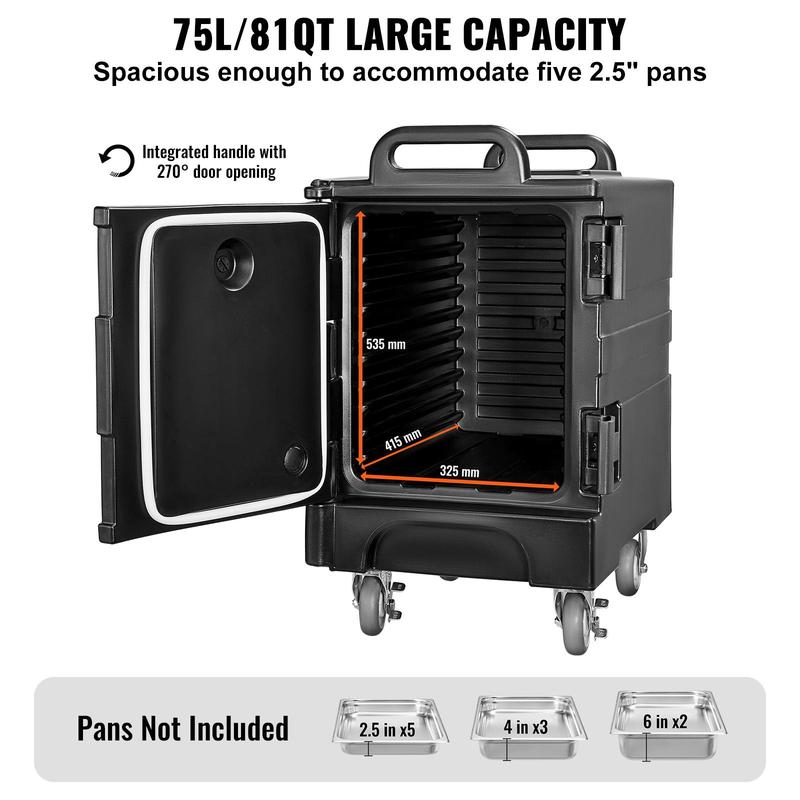 Transportador de bandejas de alimentos isotérmicos VEVOR, caja térmica de 81 cuartos para catering, transportador de cajas de alimentos con hebillas dobles, calentador de alimentos de carga frontal con asas, apilable de carga trasera con ruedas para resta