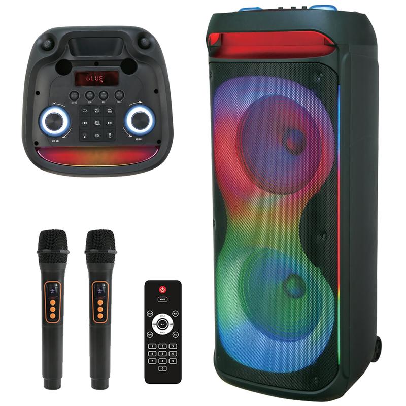 Altavoz Bluetooth PA recargable con doble woofer de 12" + tweeter de 1.5", caja de sonido inalámbrica portátil con dos micrófonos, control remoto y luz LED para fiestas.
