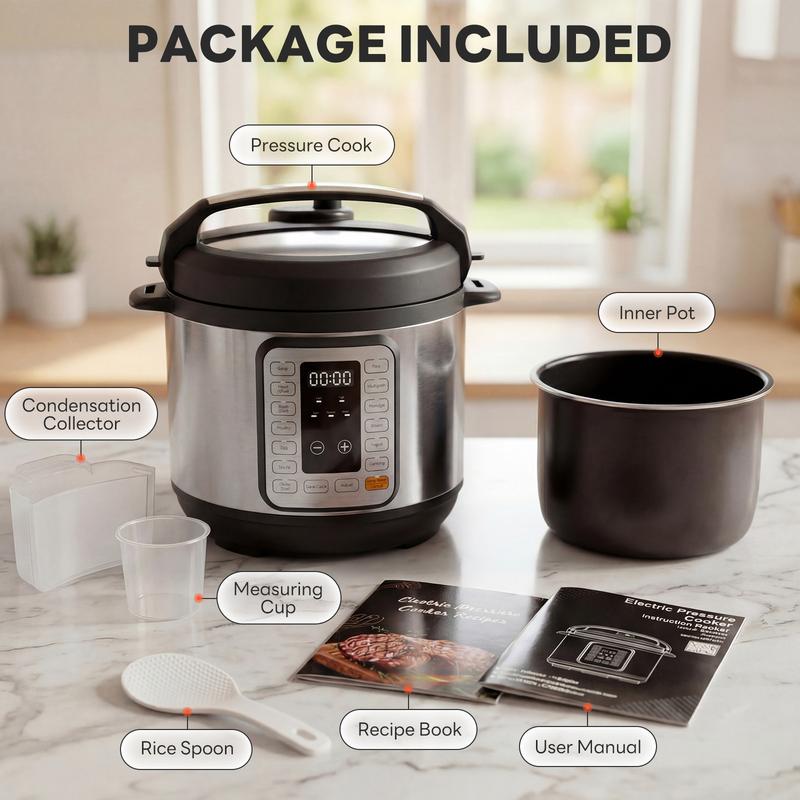 Olla a presión eléctrica multifunción con programas preestablecidos para cocinar rápidamente arroz, guisos, sopas y legumbres. Ideal para preparar comidas para familias ocupadas entre semana y cocinas pequeñas.