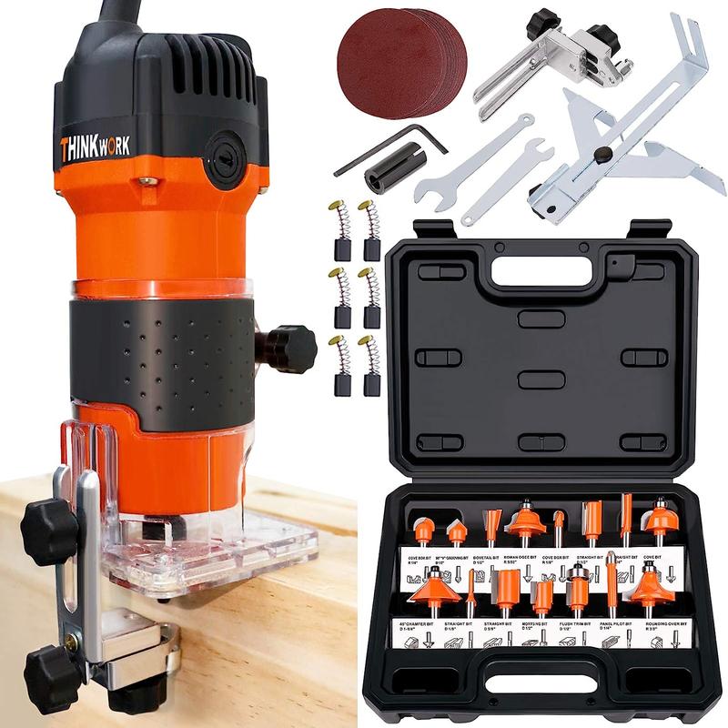 Fresadora compacta THINKWORK de 6,5 amperios y 1,25 CV con juego de 15 fresas para carpintería, herramienta portátil de alta resistencia para proyectos de bricolaje y del hogar.