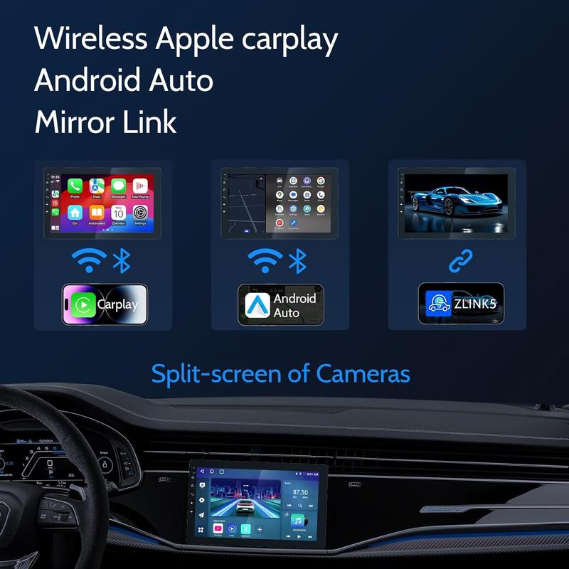 Autoestéreo de 10.1" Single Din con pantalla giratoria CarPlay 1080P, cámara trasera inalámbrica, CarPlay, Android Auto, pantalla táctil, Mirror Link, Bluetooth, reproducción de música, AUX, FM y USB.