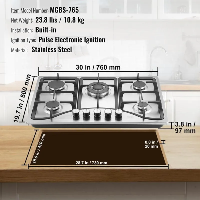 【Summervibes】Placa de gas de 76 cm (30 pulgadas), 5 quemadores, encimera de gas empotrada, máx. 12250 BTU, convertible a gas natural/GLP, placa de acero inoxidable, con protección termopar para camping, caravana y apartamento.