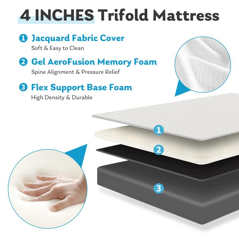 Colchón plegable, cubrecolchón de espuma viscoelástica plegable en tres secciones para camping, cubrecolchón plegable con funda lavable, varios tamaños, blanco.