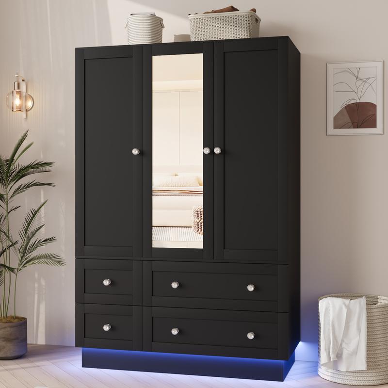 【Entrega en 2 paquetes】Armario de dormitorio VOWNER con 3 puertas y 4 cajones, espejo, luces RGB, barra para colgar ropa, dormitorio, sala de estar, blanco, negro