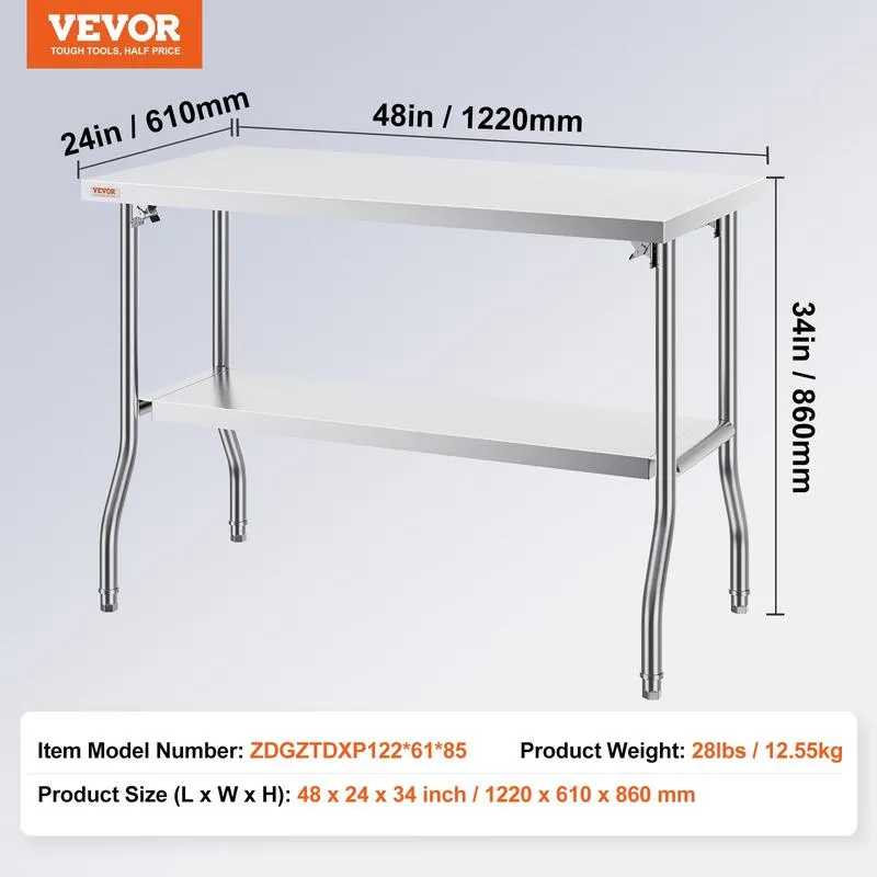 Mesa de preparación comercial plegable, estación de trabajo comercial de 48 x 24 pulgadas con estante inferior, mesa plegable de acero inoxidable resistente con carga de 300 libras.