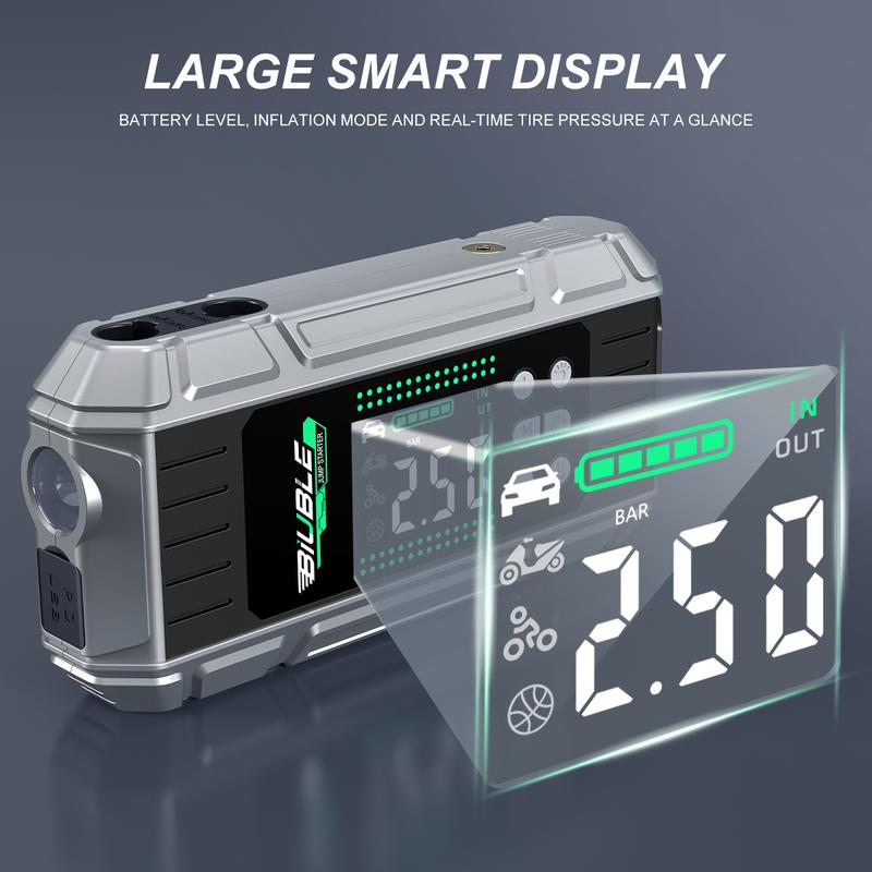 Arrancador portátil para coche 10000A con compresor de aire, soplador, batería externa PD de carga rápida de 65 W para portátil, inflador de neumáticos de 150 PSI, kit de arranque de batería para coche.