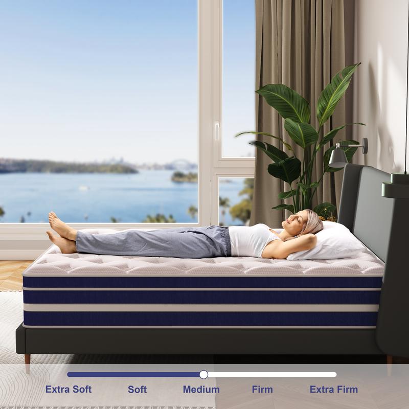 Colchón híbrido de espuma viscoelástica FVBEAYA de 10/12 pulgadas con resortes ensacados, proporciona alivio de presión y aislamiento de movimiento, diseño ergonómico, firmeza media, CertiPUR-US, libre de fibra de vidrio, soporte de borde de alta calidad,