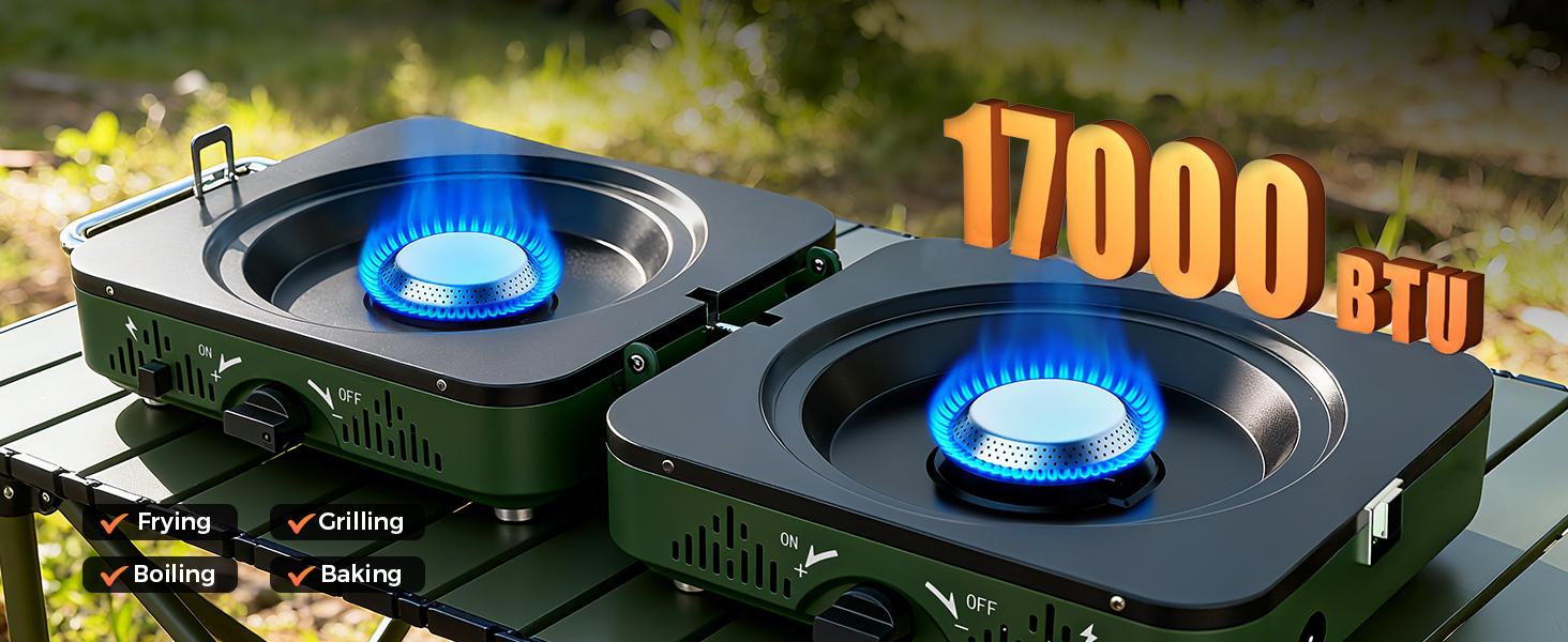 Estufa de camping de propano de 2 quemadores BIG HORN OUTDOORS, estufa portátil de camping, estufa de gas plegable, incluye sartén y bolsa de transporte para camping, uso de emergencia y cocina al aire libre.