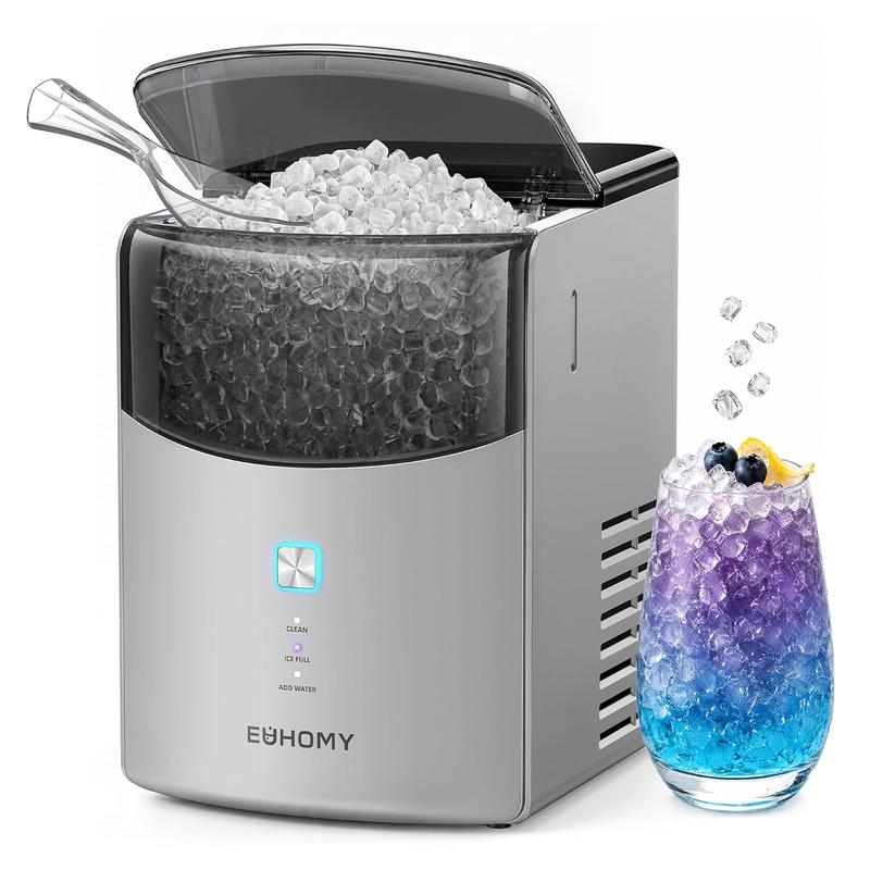 Máquina de hielo en pepitas EUHOMY para encimera, 35 lb/24H y 44 lb/24H, máquina de hielo en guijarros, máquina de hielo en pellets autolimpiante con pala y cesta para hielo, máquina de hielo sónica para encimera para el hogar/cocina/oficina (negra)