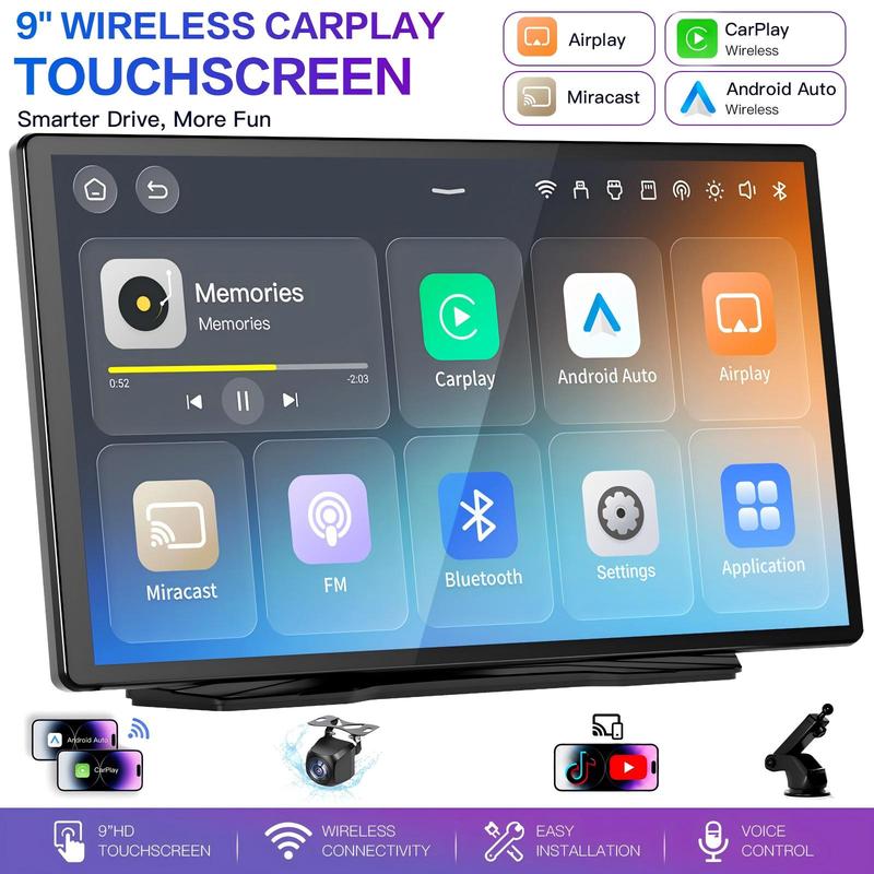 【YMQ Smart Drive】Pantalla CarPlay inalámbrica mejorada de 2026: pantalla táctil IPS de 9 pulgadas y compatible con CarPlay, Android Auto y Mirror Link (transmisión simultánea a TikTok y YouTube)/cámara de visión trasera/funcionalidad de navegación/y un as