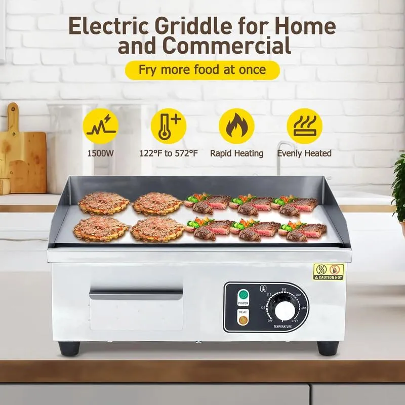 Parrillas eléctricas comerciales en tamaños de 14, 18, 22 y 30 pulgadas con potencia de 1500 W a 3000 W, superficie antiadherente de acero inoxidable y control de temperatura ajustable de 122 °F a 572 °F para uso doméstico y en restaurantes.