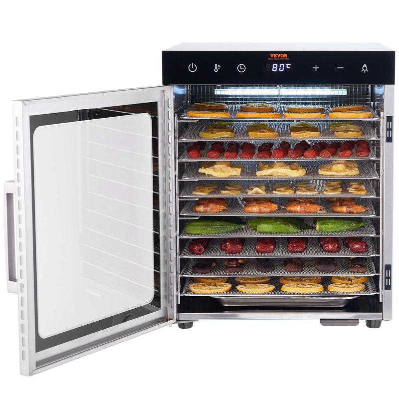 Deshidratador eléctrico de alimentos VEVOR, secador de alimentos eléctrico de 800 W, 10 bandejas de acero inoxidable, con temporizador y temperatura digital ajustables para cecina, hierbas, carne, res, frutas, golosinas para perros y verduras, electrodomé