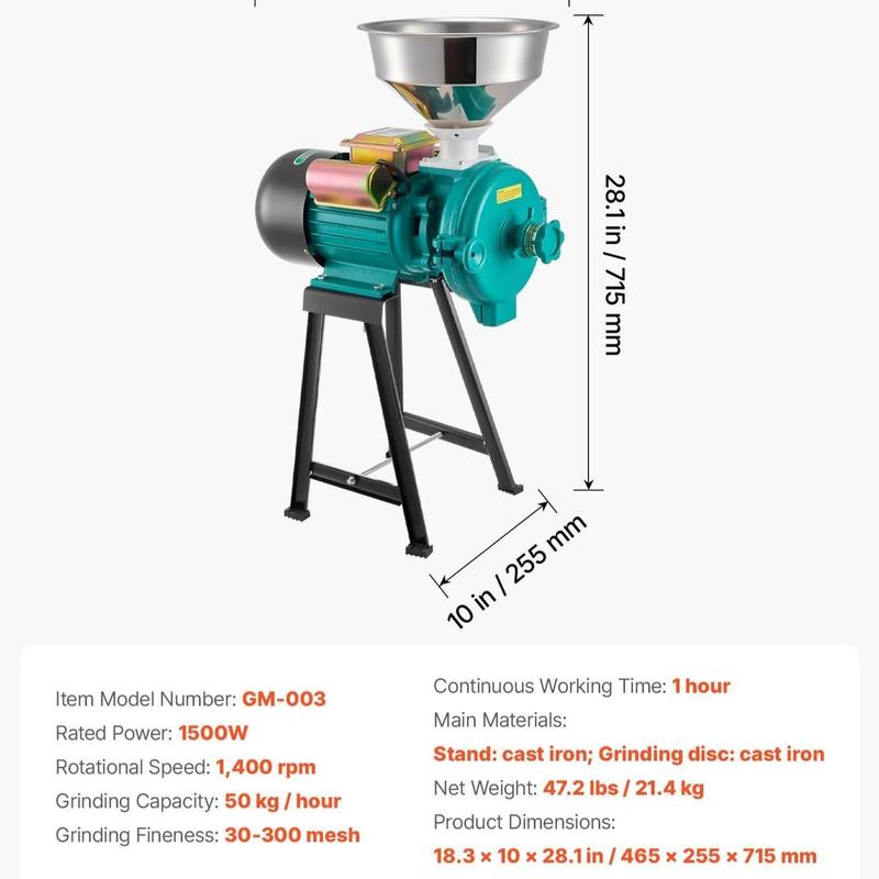 Molino eléctrico de granos VEVOR, molinillo de especias de 3000 W, molino de maíz comercial con embudo, máquina de polvo de espesor ajustable, molino de harina y cereales de alta resistencia, molinillo de trigo, molinillo seco