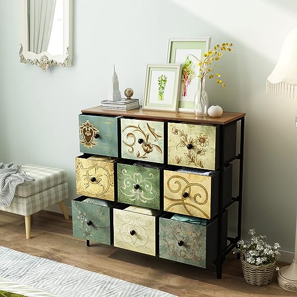 Cómoda con 9 cajones, cómoda de almacenamiento alta para recámara, cómoda moderna para clóset, sala de estar, pasillo, parte superior de madera, cajón de tela