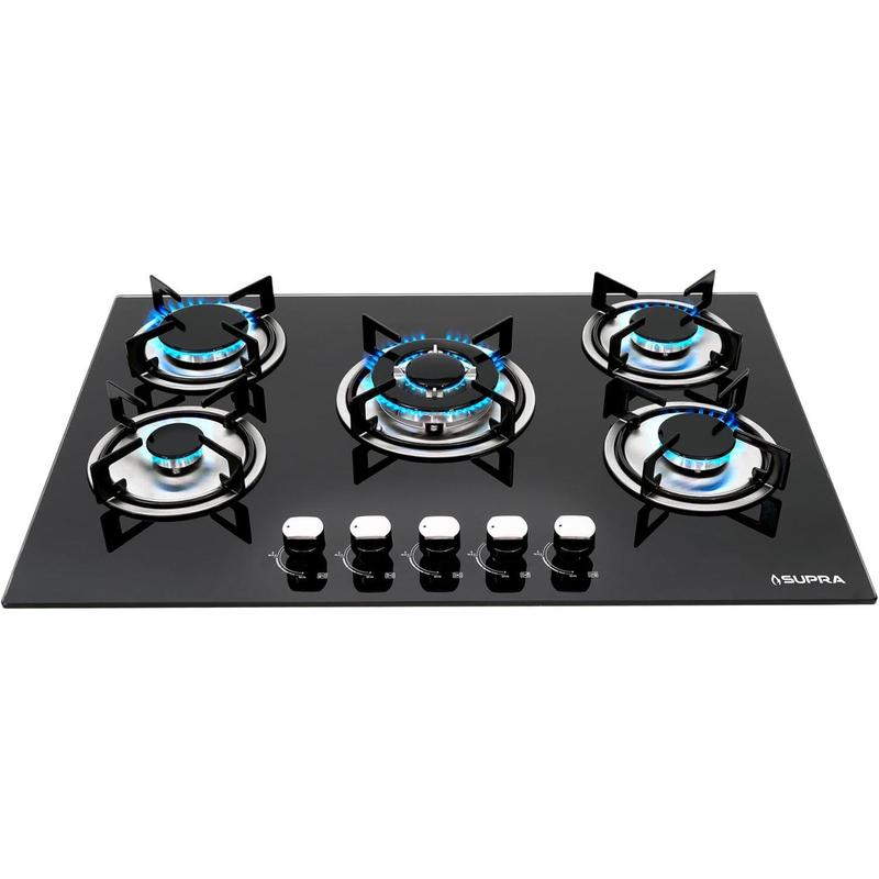 SUPRA Parrilla a Gas Empotrable de 5 Quemadores - 76 cm, Cubierta de Cristal Templado Negro y Válvula de Seguridad Avanzada Mod. BRIONI